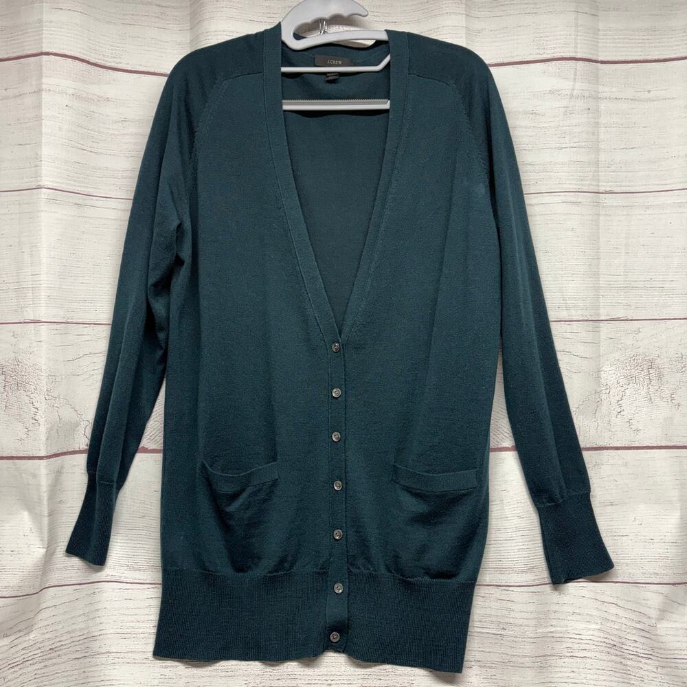 J.Crew Dark Green 100% Merino Wool Long Cardigan Sweater Pockets Size M F6835